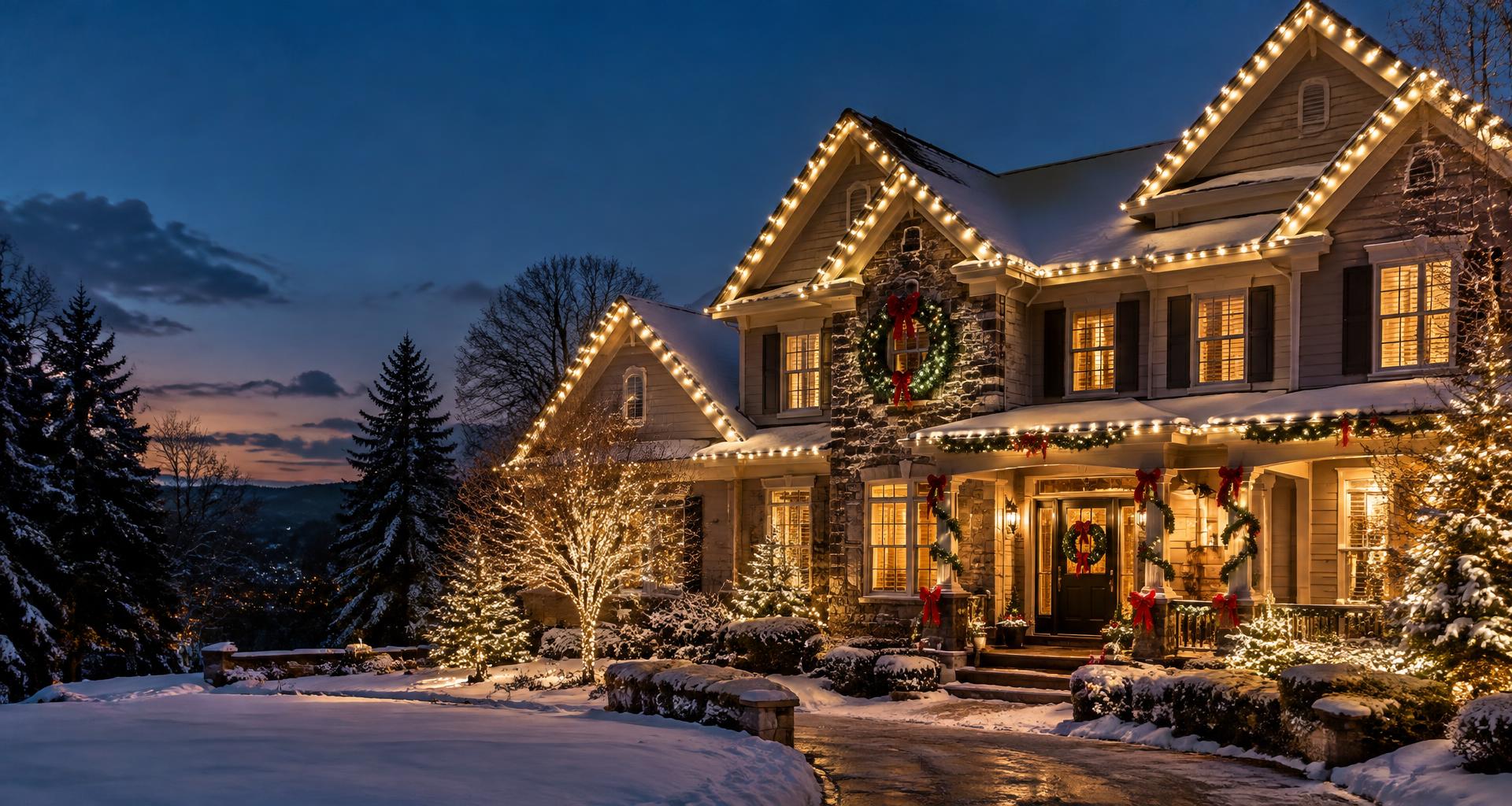 A home with professionally installed Christmas lights tracing its rooflines and illuminating its trees